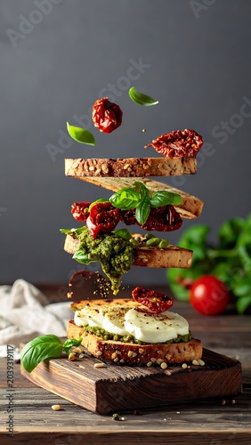 Delicious bruschetta with fresh tomatoes falling.