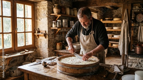 A skilled artisan meticulously crafts artisanal cheese in a rustic, sun-drenched workshop, highlighting traditional food production and culinary heritage