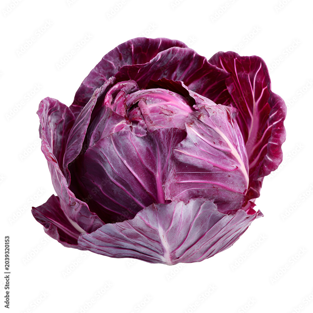 Obraz premium Fresh purple cabbage head with layered leaves on white background minimal style