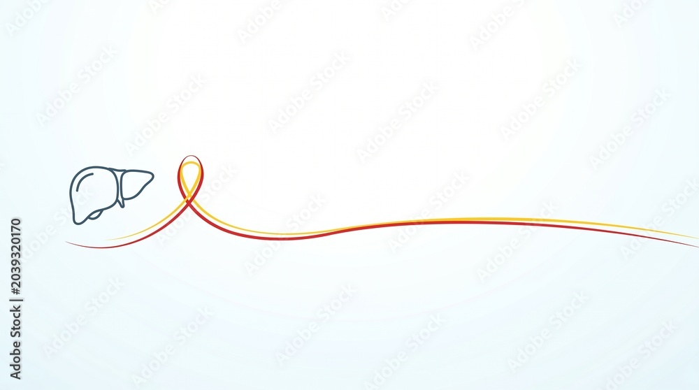 Obraz premium Continuous Line Liver with Red Yellow Awareness Ribbon for World Hepatitis Day Poster