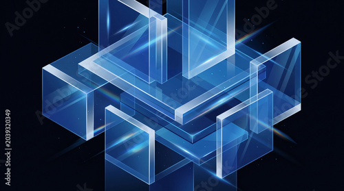 An abstract geometric background composed of overlapping blue transparent glass blocks