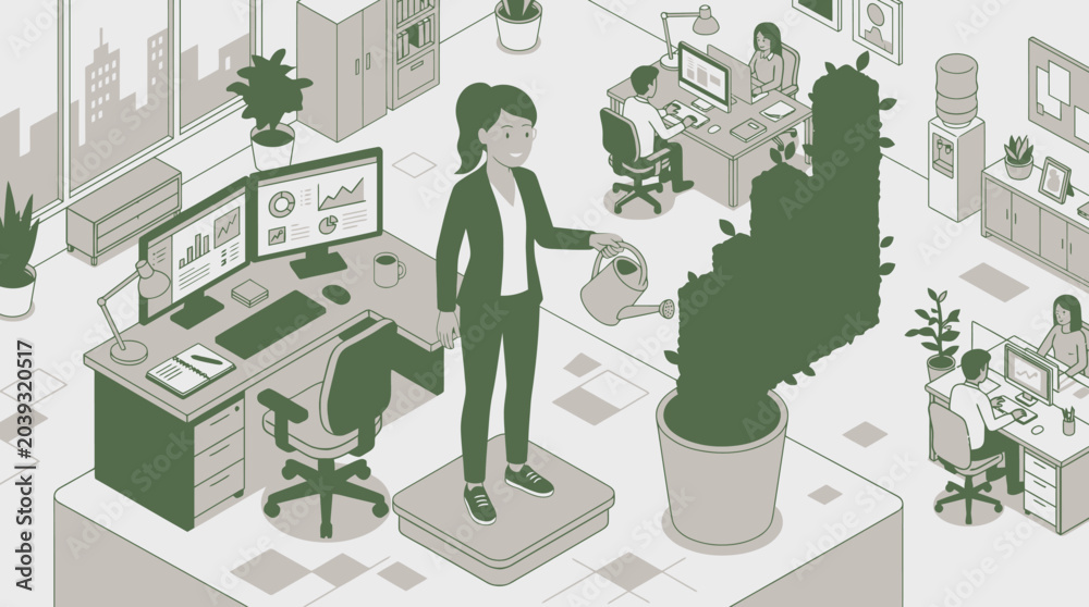 Naklejka premium Isometric Data Analyst Watering Bar Chart Plant for Sustainable Corporate Growth Concept