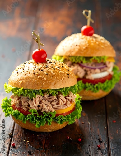Delicious burgers with lettuce and tomato.