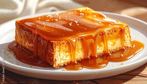 Delicious caramel cheesecake dessert plate.