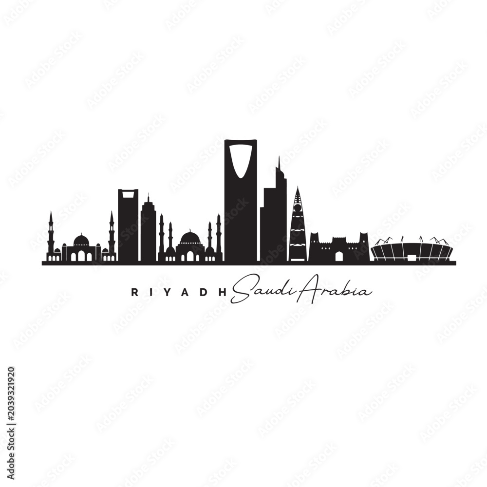 Obraz premium Riyadh Saudi Arabia Skyline Silhouette Vector with Famous Landmarks