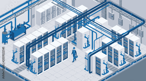 Isometric Server Room Cooled by Water Pipes for Energy Efficient Data Center and Green Technology Concept