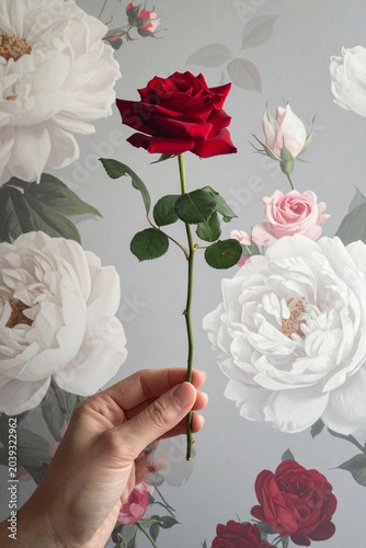 Crimson Rose Held by Hand: A hand gently holds a deep red rose stem against a backdrop of lush, blooming floral wallpaper, symbolizing beauty and tenderness.