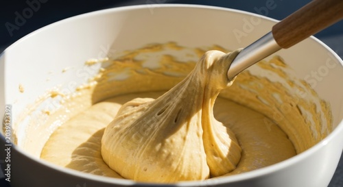 Close-up of batter being lifted by a mixing tool in a white bowl