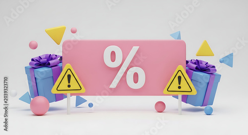 Percentage sign with warning triangles and gift boxes a 3d rendering composition