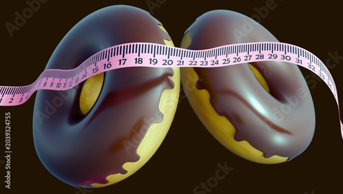 Foto A 3D render of frosted donuts floating in a dynamic arrangement and a flexible measuring tape weaves diagonally
