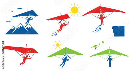 Bild auf Leinwand Hang Gliding Set: Silhouettes of People Flying with Hang Gliders