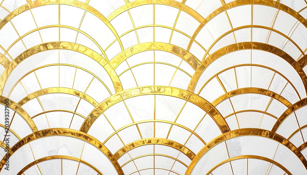 Naklejka premium Elegant Art Deco Fan Pattern with Gold and White Geometric Design.