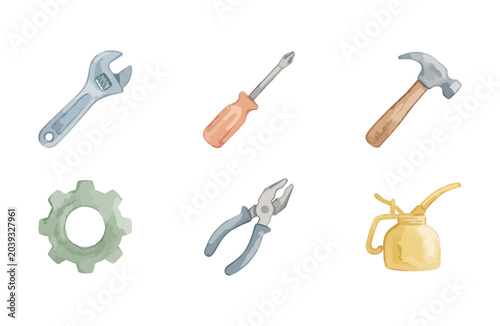 Watercolor mechanic workshop tools icons set isolated on white background