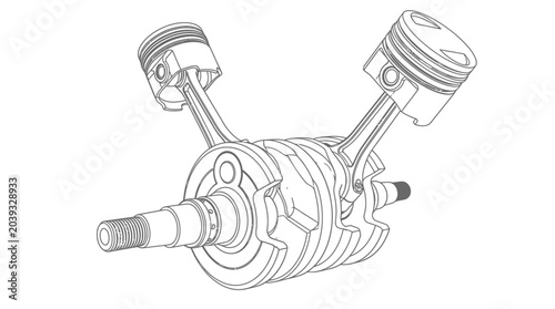 Bild auf Leinwand Motorcycle engine crankshaft with pistons technical line drawing.