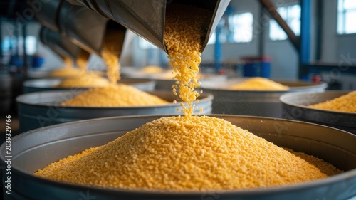 Yellow corn pellets pouring into multiple large industrial bins for food processing.