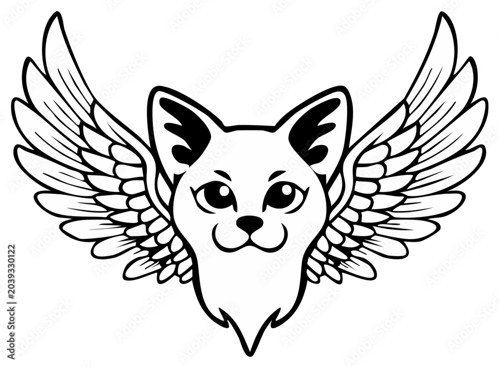 Obraz premium Cartoon Cat Face with Wings, Black and White, Whimsical Design