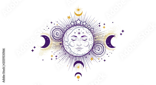 Quadro su tela Celestial Moon Phases and Stars Illustration