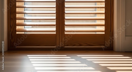 Wooden shutters casting shadows on floor in bright minimalist room interior
