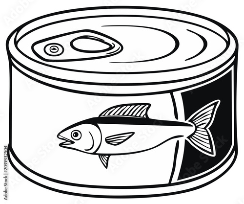 Black and white illustration of canned fish, product packaging