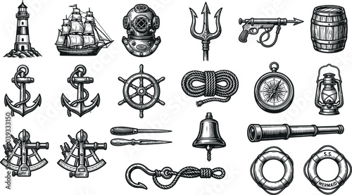 Tableau sur toile Nautical vintage engraving elements set with lighthouse sailing ship anchor stee