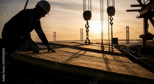 A Construction Worker Inspecting Materials On A Building Site At Sunset