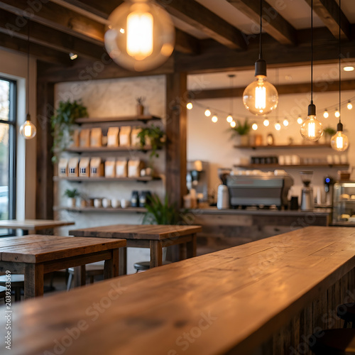 Cozy coffee shop interior with wooden tables and warm lighting.