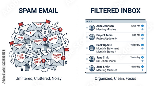 A cluttered inbox displays unfiltered spam emails next to a clean filtered inbox on a computer screen showing organized messages.