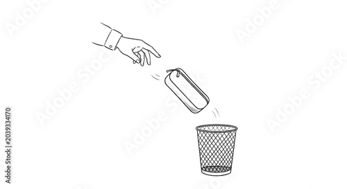 Hand throwing small battery into trash basket illustration.