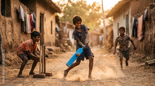 Group of young boys playing cricket in a dusty rural village street.