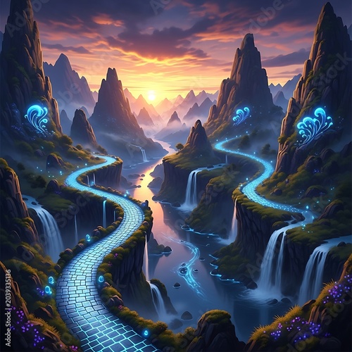 Enchanting Mountain Vista - A Serene Landscape with Glowing Waterfalls and Pathways.