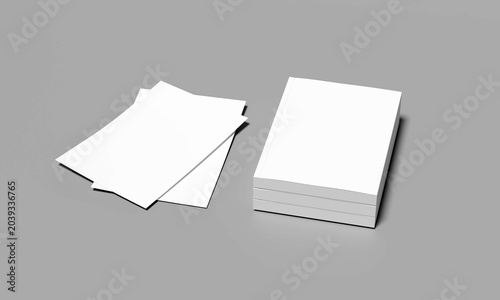 Blank folded flyer, Professional Print Mockup Featuring Book Cover and Flyer Stack, booklet, postcard, business card or brochure mockup template on grey background Illustration for Mockup. 3D Render.
