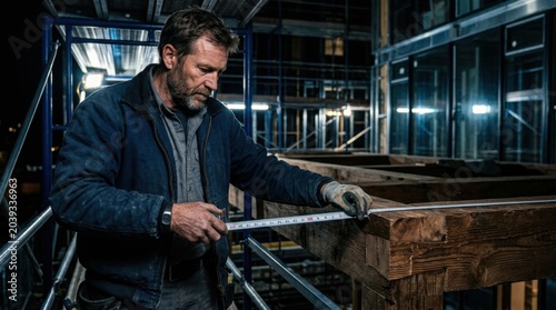 A Construction Worker Measures Timber Using A Ruler At A Building Site At Night