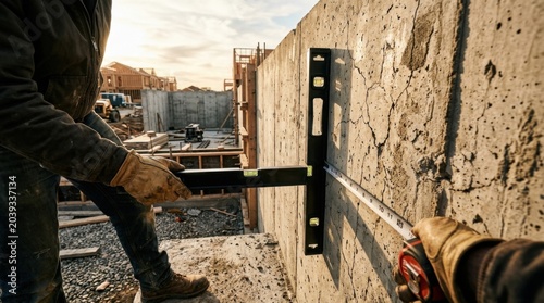A Construction Worker Measuring A Wall at a Building Site with Precise Tools