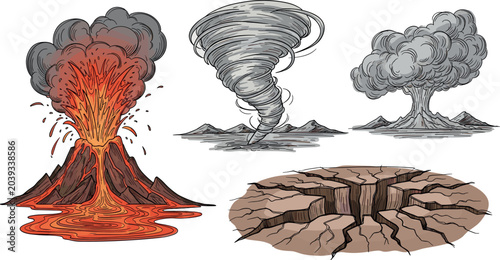 Bild auf Leinwand Natural disasters set with erupting volcano lava tornado twister earthquake grou