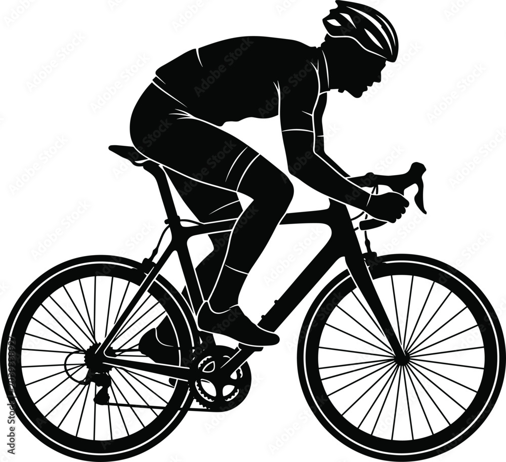 Fototapeta premium Cyclist silhouette riding a road bicycle wearing helmet in dynamic racing action pose professional sports isolated vector