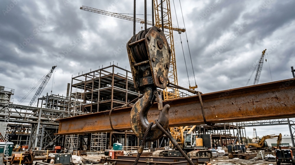 Fototapeta premium Heavy construction crane lifting steel beam at building site.