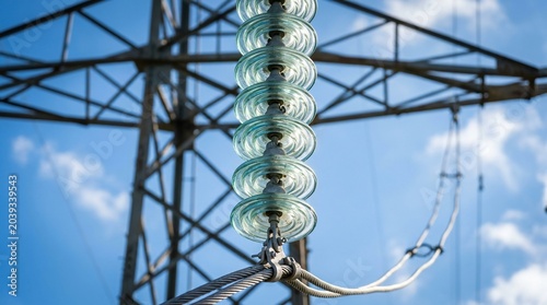 High voltage glass electrical insulator on transmission pylon tower.