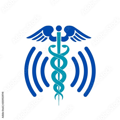 Fotografie Caduceus Medical Symbol with Digital Signal Waves for Telehealth, Digital Medici