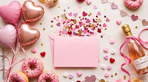 Festive pink celebration flat lay with blank card and heart balloons