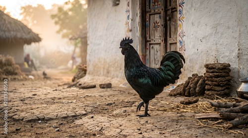 Majestic black rooster walking in rural village courtyard with traditional mud house background.