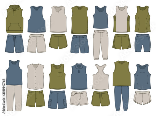 Athletic Menswear Apparel Vector Set, Sportswear Clothing Collection with Tank Tops and Shorts, Technical Fashion Flat Sketches for Activewear Design