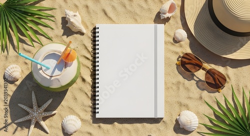 Top view of a blank spiral notebook on sandy beach with coconut drink, sunglasses, hat, starfish, and seashells summer vacation concept