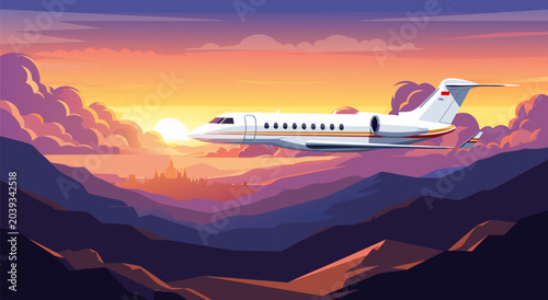 Photos Serene vector illustration of a private jet flying over misty mountains at sunse