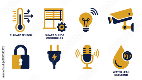 Smart home technology icons set with climate sensor, smart blinds controller, light bulb, security camera, padlock, electric plug, microphone, and water leak detector.