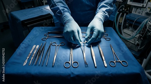 Surgeon reaching for instruments on a sterile tray in operating room