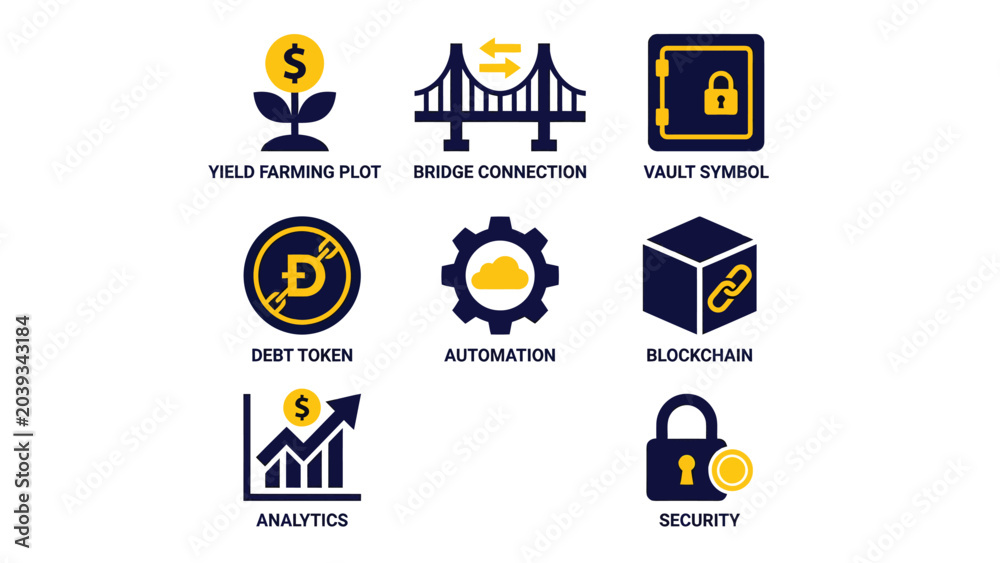 Fototapeta premium Cryptocurrency and Blockchain Technology Icons: Yield Farming, Bridge, Vault, Debt Token, Automation, Blockchain, Analytics, Security.