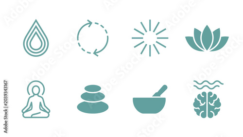 Set of eight wellness and meditation icons, including a water drop, refresh symbol, sun, lotus flower, meditating figure, stacked stones, mortar and pestle, and a brain with waves.