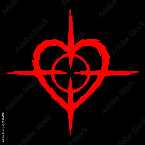 Foto Red cyber sigilism heart emblem with crosshair target lines for y2k alternative