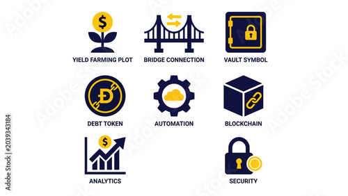 Cryptocurrency and Blockchain Technology Icons: Yield Farming, Bridge, Vault, Debt Token, Automation, Blockchain, Analytics, Security.