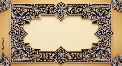 Ornamental frame features intricate golden and blue floral patterns.